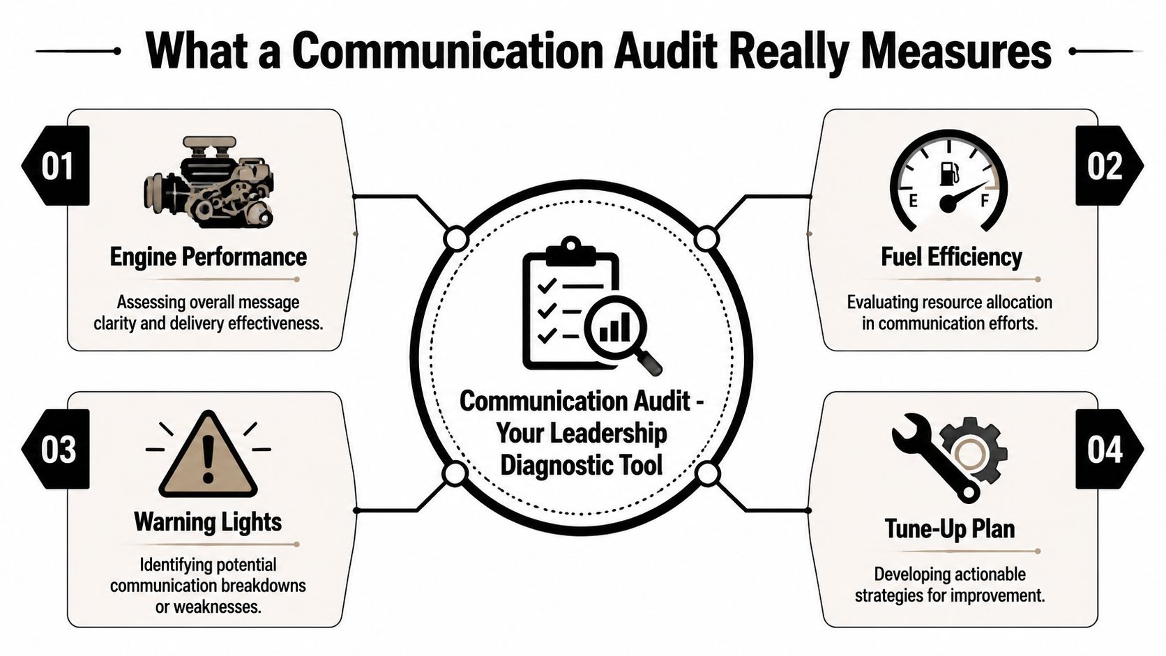 An infographic titled What a Communication Audit Really Measures, showing four key aspects of leadership diagnostics.