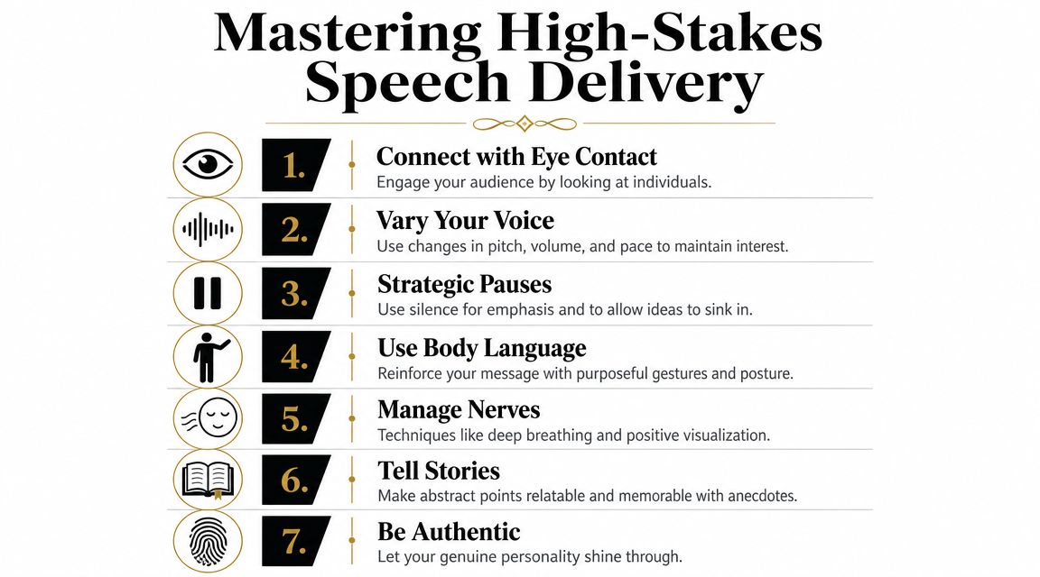A list of seven actionable tips for mastering high-stakes speech delivery including body language and storytelling.