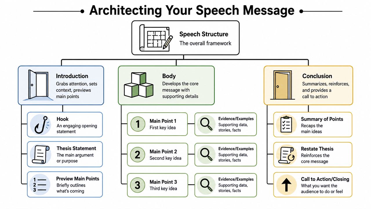 A diagram outlining the structural framework for creating an effective speech, covering introduction, body, and conclusion.