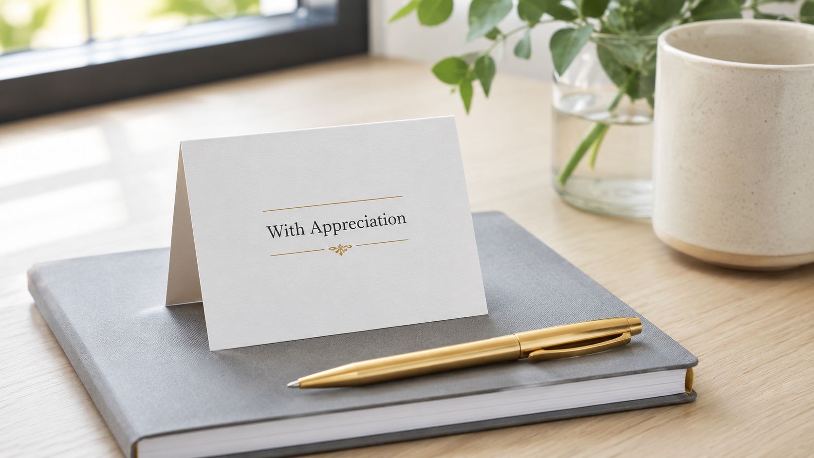 A minimalist greeting card labeled With Appreciation placed on a gray notebook with a gold pen nearby.