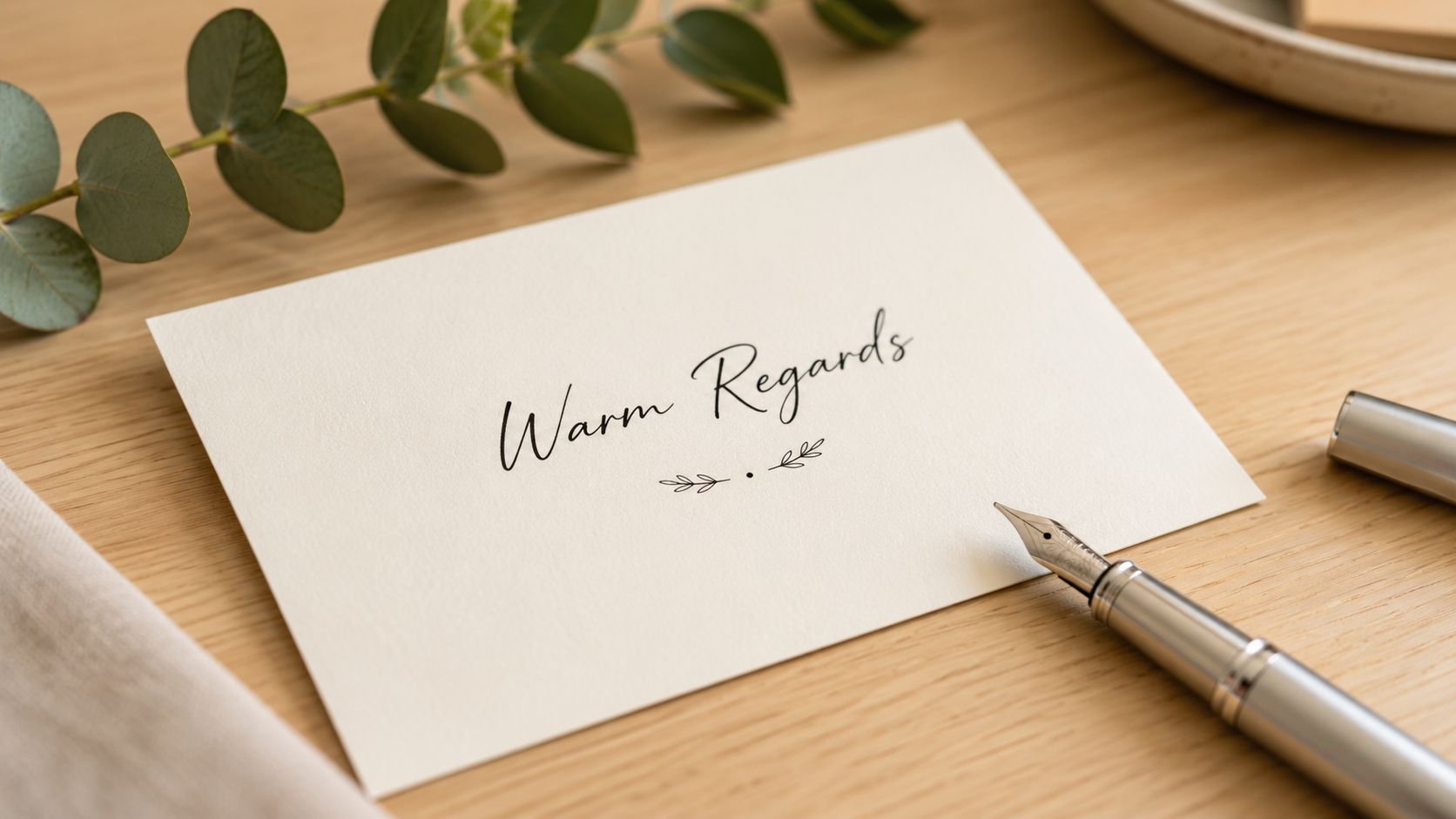 A elegant card with the words Warm Regards sitting on a wooden desk with a fountain pen.