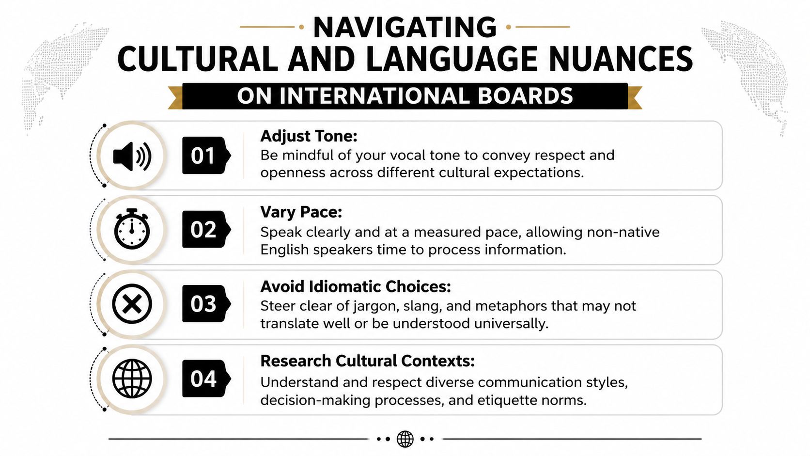 An infographic detailing four tips for effective cross-cultural communication on international board of directors.