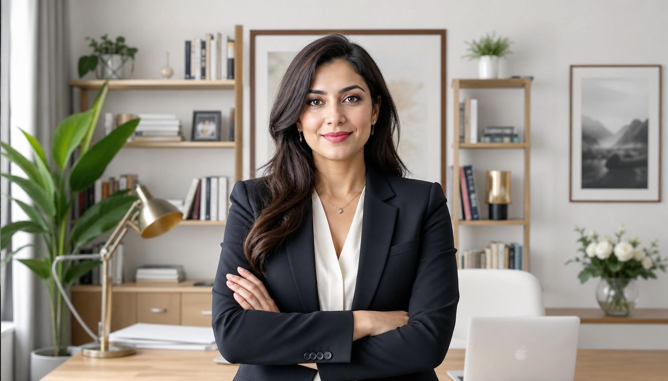 A professional woman in a dark blazer smiling confidently with arms crossed in a bright, modern office.