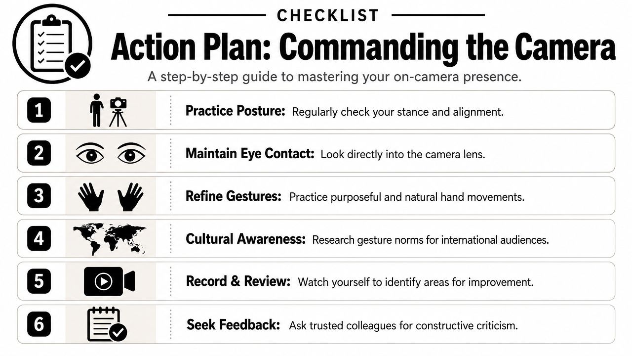 A checklist titled Action Plan: Commanding the Camera with six steps for improving on-camera presence and body language.