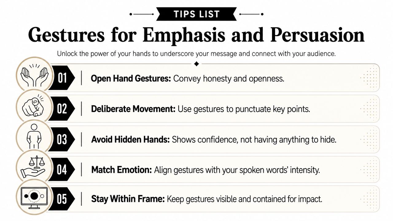 A list of five tips on using hand gestures for emphasis and persuasion while on camera.