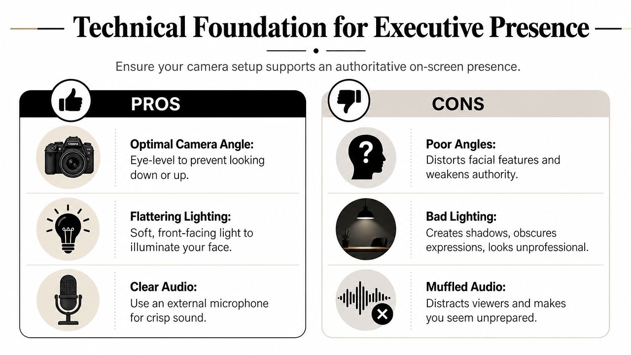 A comparison chart showing tips for optimal camera, lighting, and audio setups for professional video calls.
