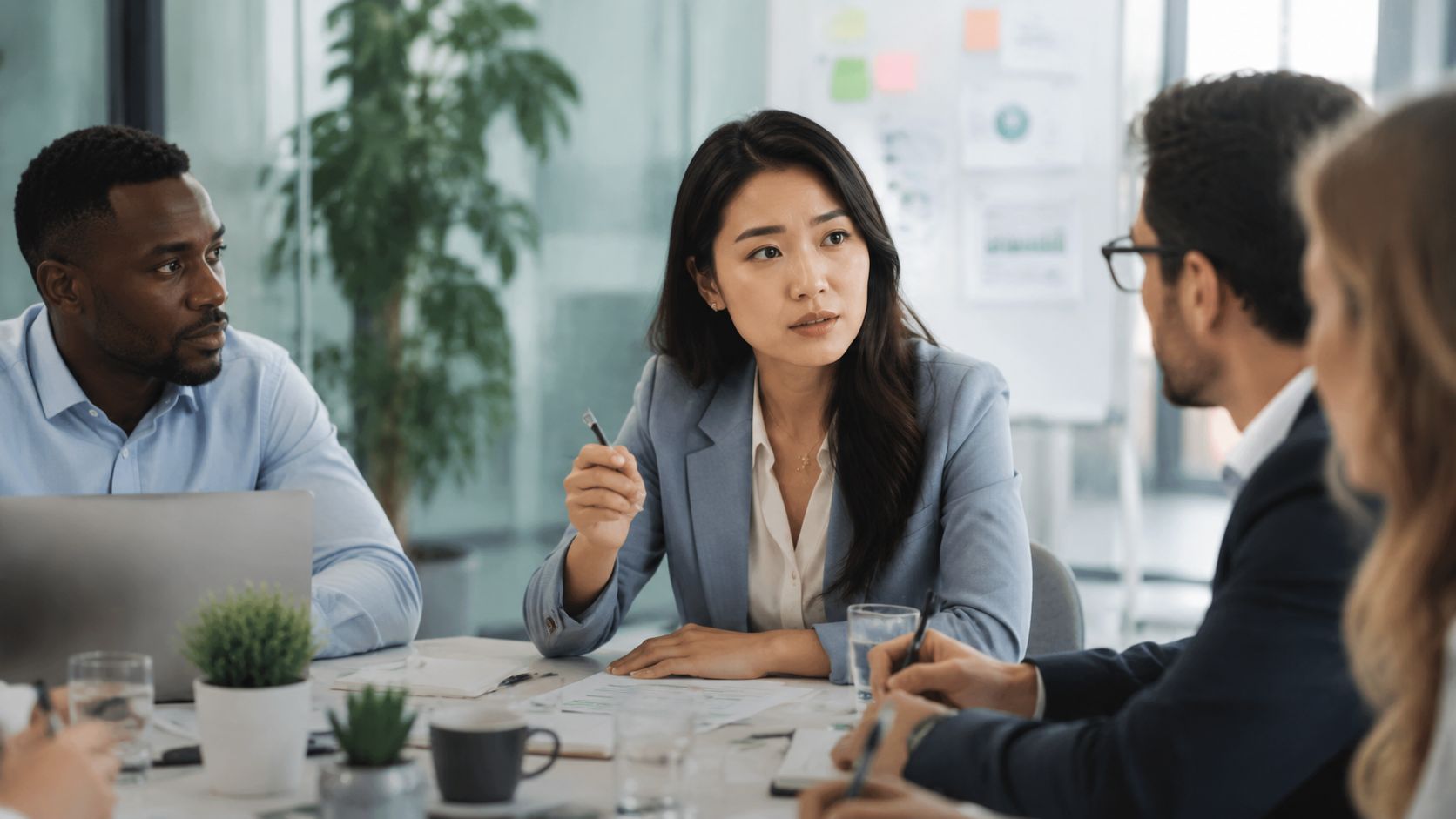 A professional business team having a serious discussion during a meeting in a bright modern office.