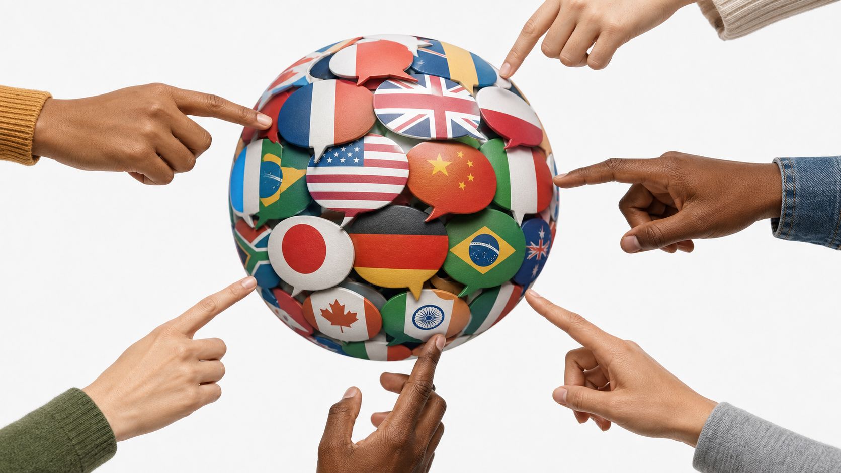 Multiple hands from diverse backgrounds pointing at a globe made of various national flag speech bubbles.