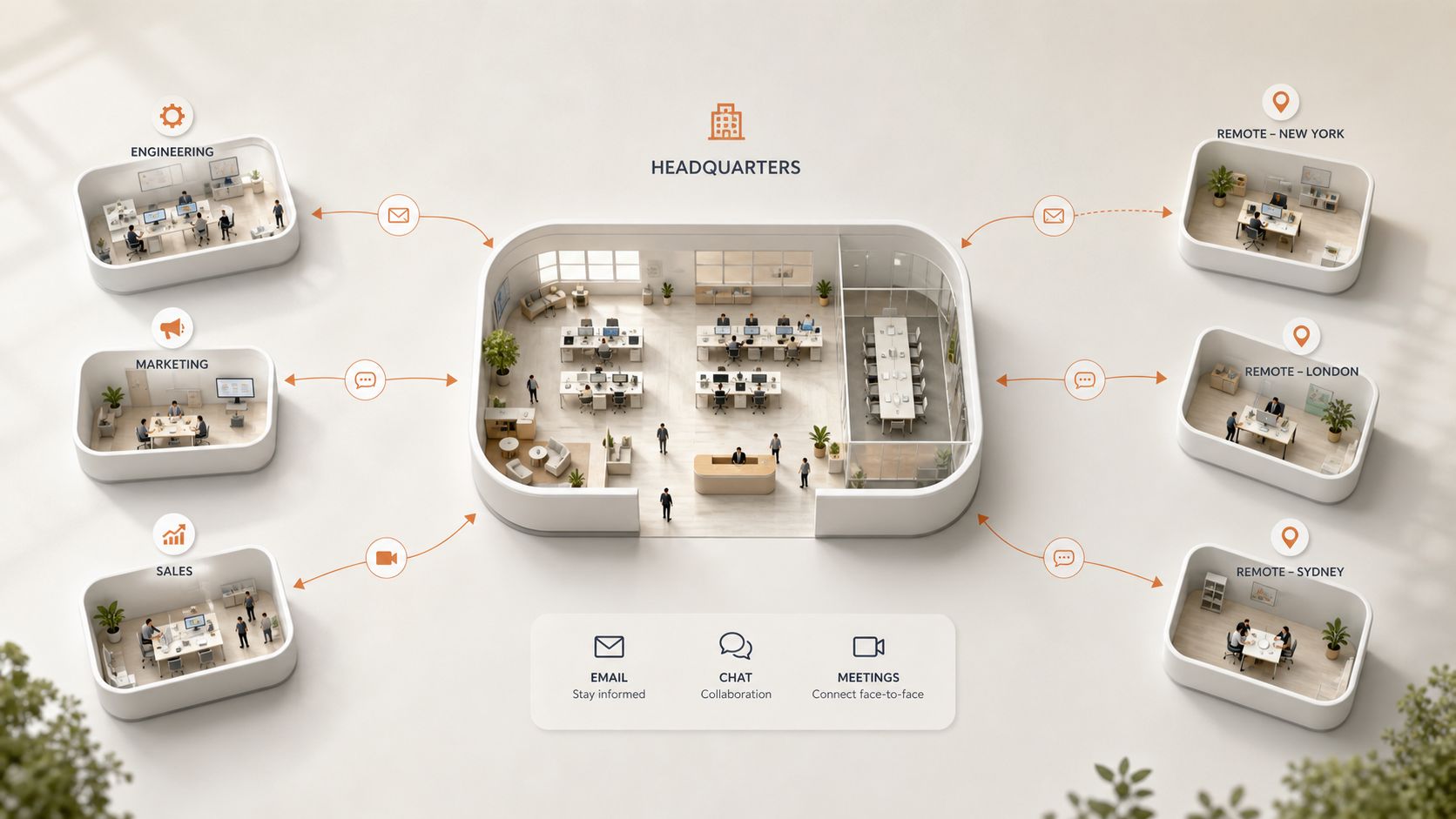 A 3D isometric diagram illustrating corporate office communication between headquarters and remote satellite teams globally.