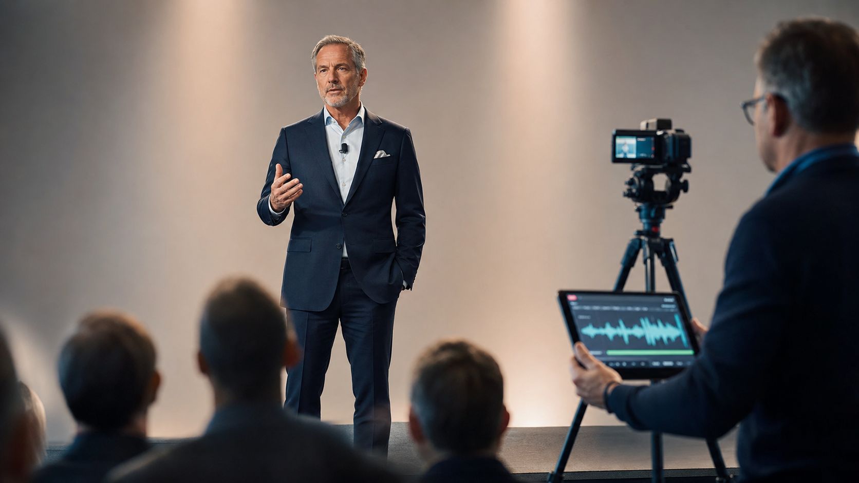 A professional man delivering a speech on stage while being recorded by a videographer with camera equipment.