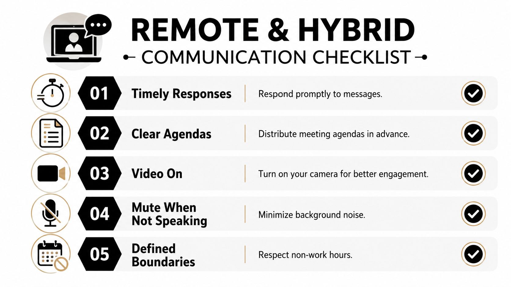 A checklist of five essential rules for maintaining effective remote and hybrid workplace communication.