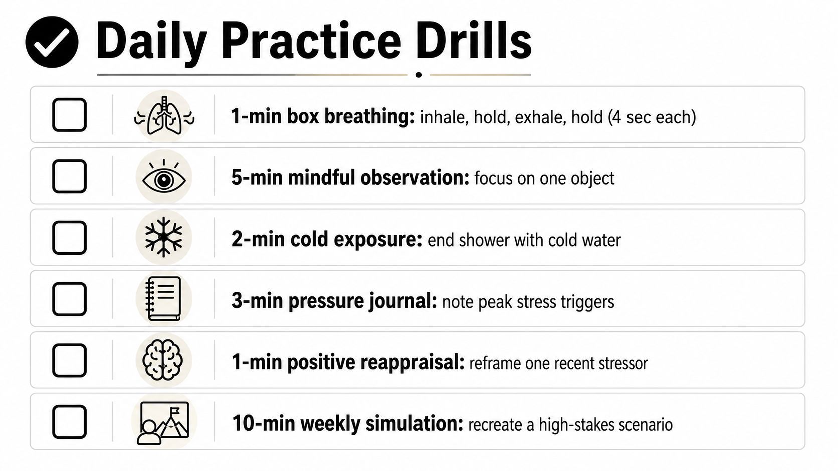 A checklist titled Daily Practice Drills featuring daily mental and physical exercises for managing stress effectively.