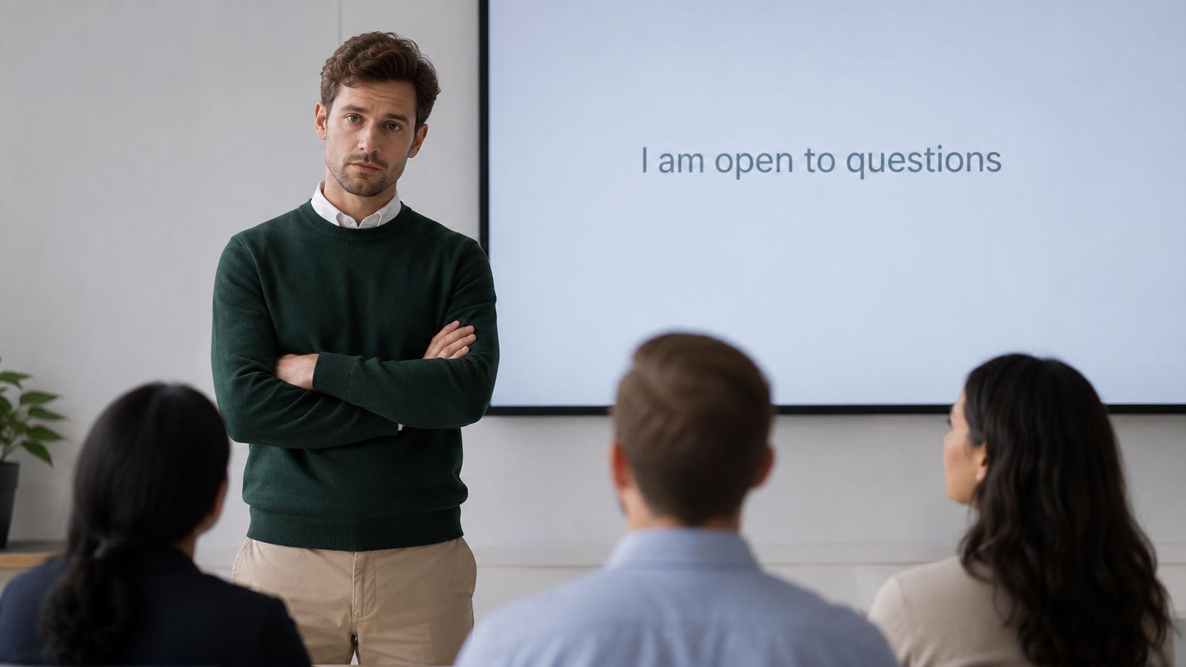 A professional man in a green sweater stands before an audience waiting for questions during a presentation.