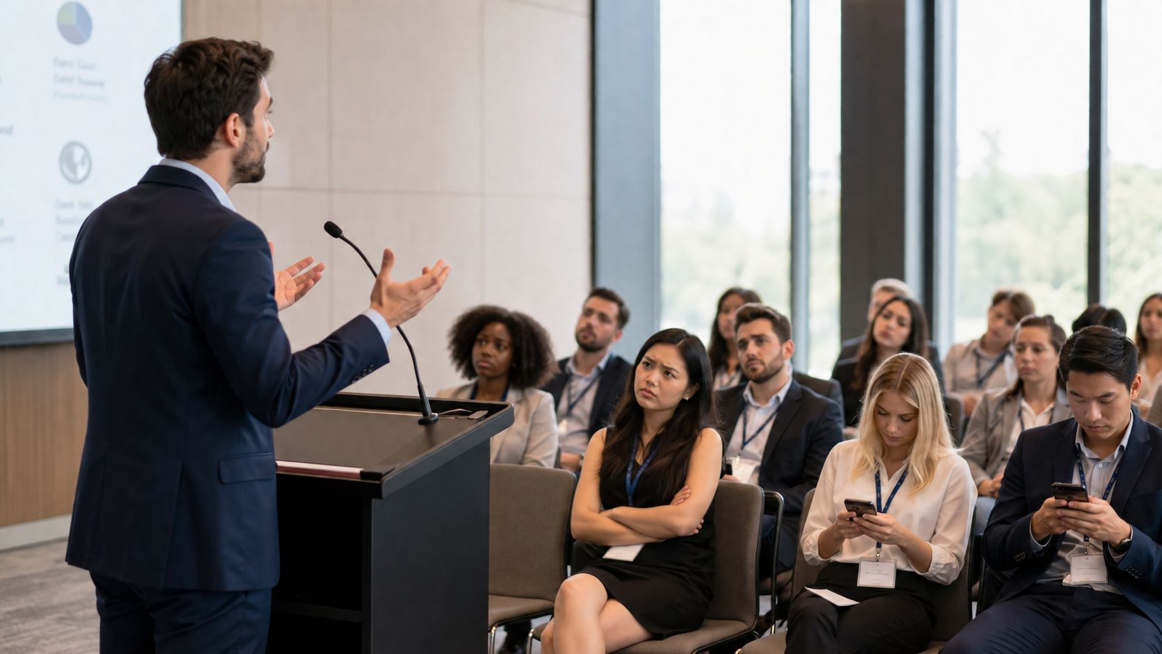 A professional speaker in a suit presents at a business conference to an attentive audience.