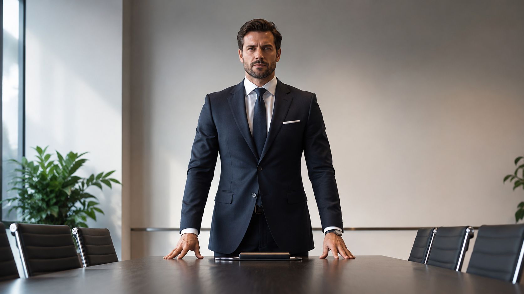 A professional man in a business suit standing confidently at the head of a conference room table.