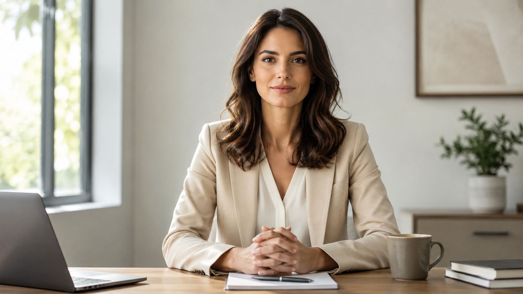 A professional woman in a beige blazer sits at a desk with a laptop and coffee.