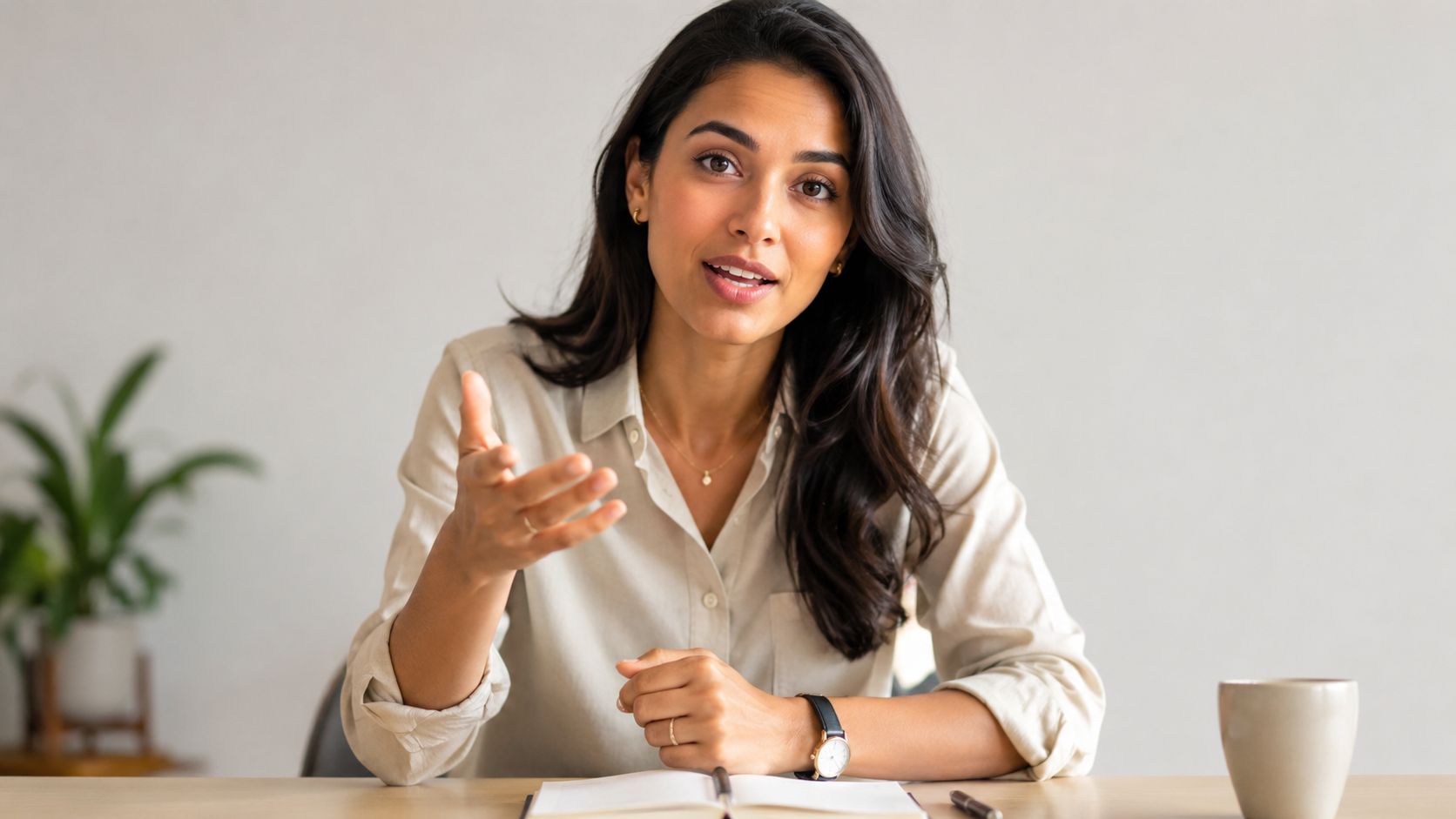A professional woman in a beige shirt speaking during a virtual meeting with an open notebook.