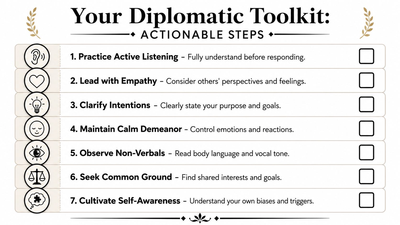 A checklist titled Your Diplomatic Toolkit containing seven actionable steps for improving diplomatic communication and social interactions.