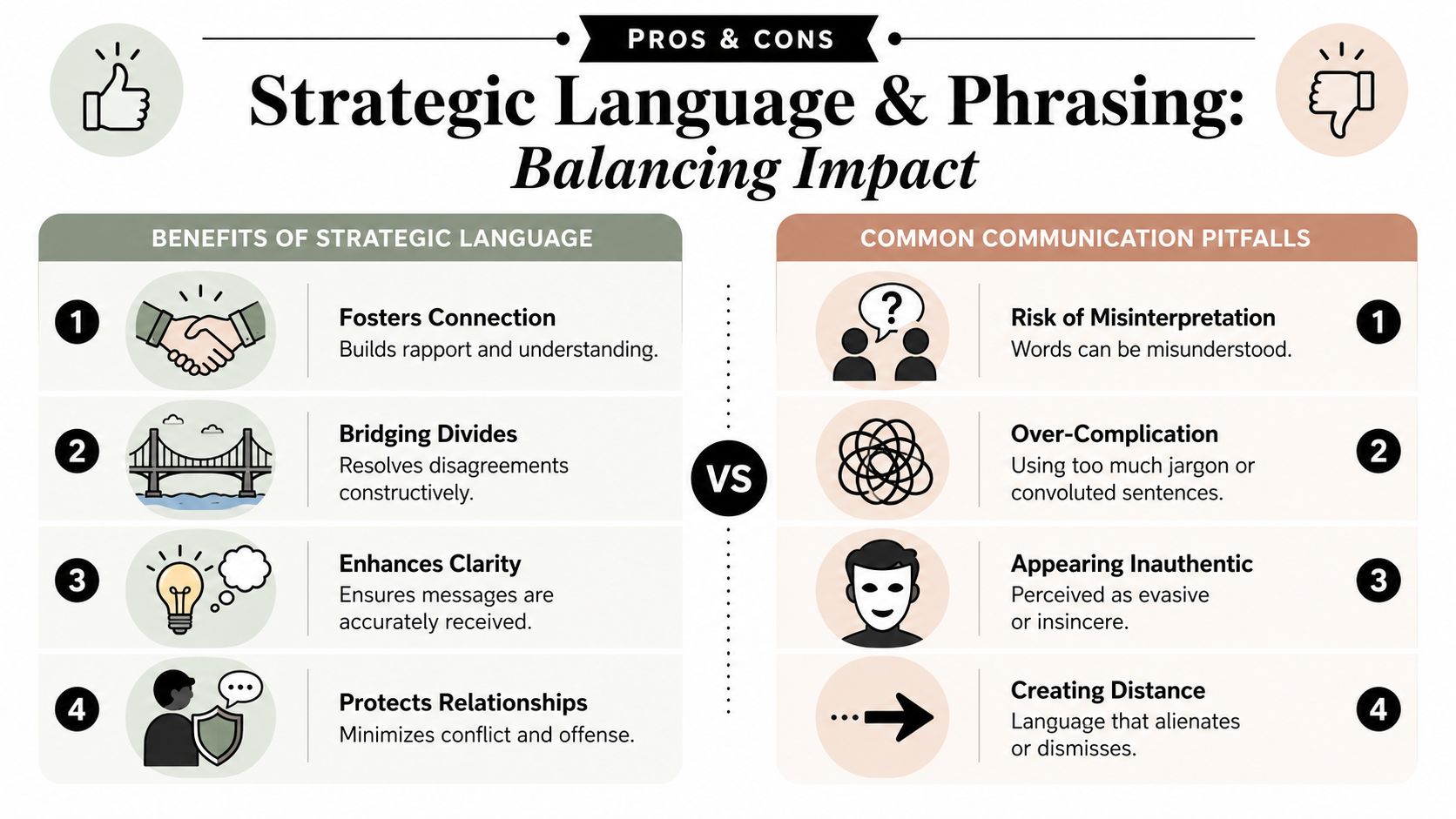 A comparison chart showing the benefits of strategic language versus common communication pitfalls.
