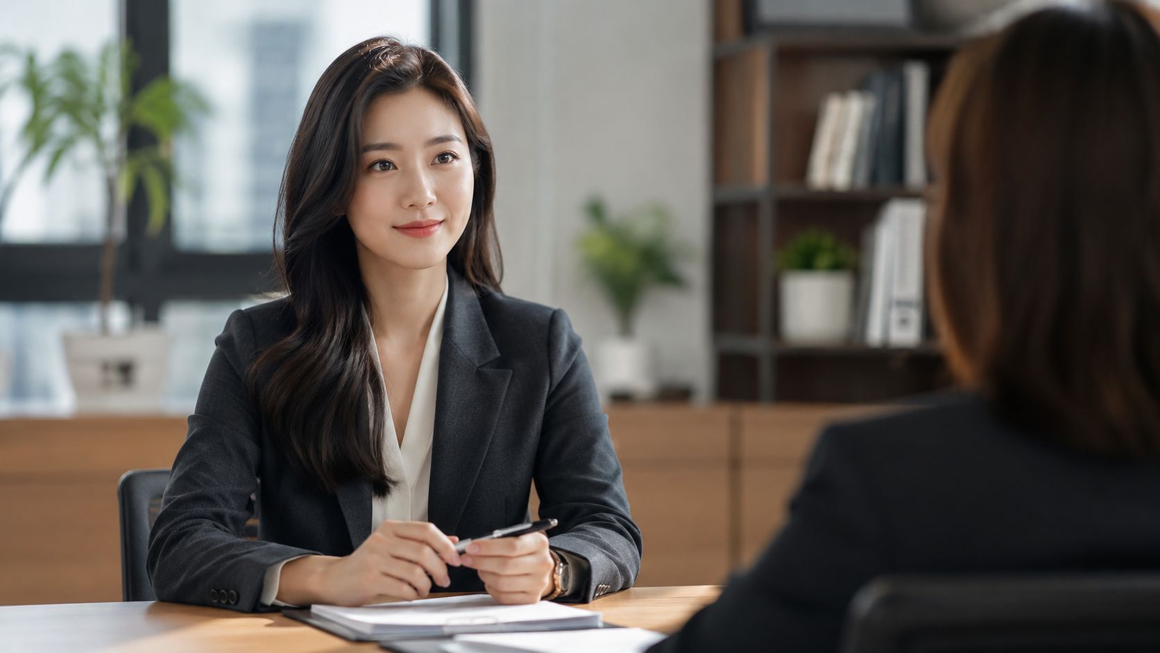 A professional businesswoman during a job interview sitting at a wooden office desk smiling.