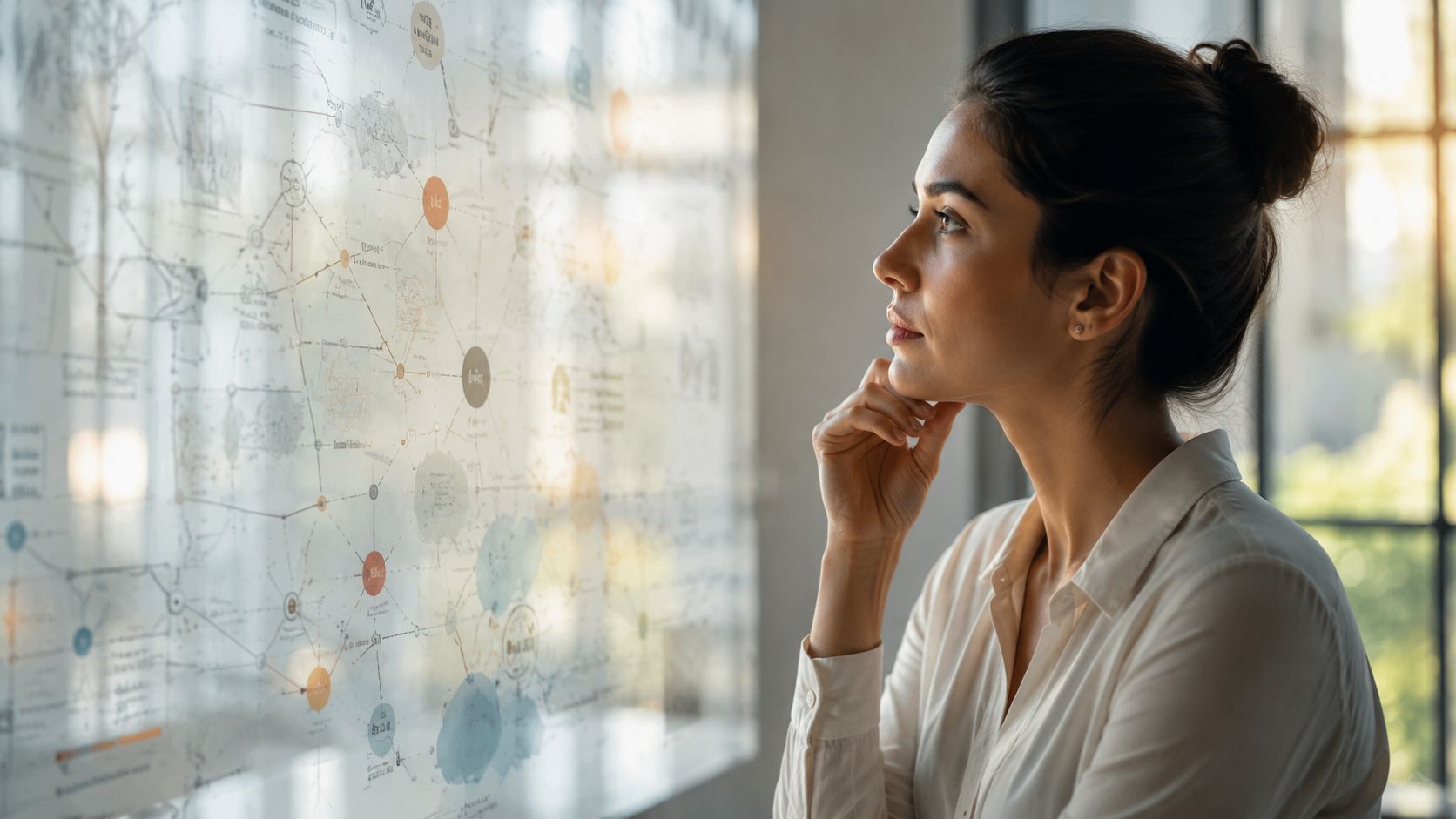 A professional woman thoughtfully analyzing a complex network diagram displayed on a large glass whiteboard.