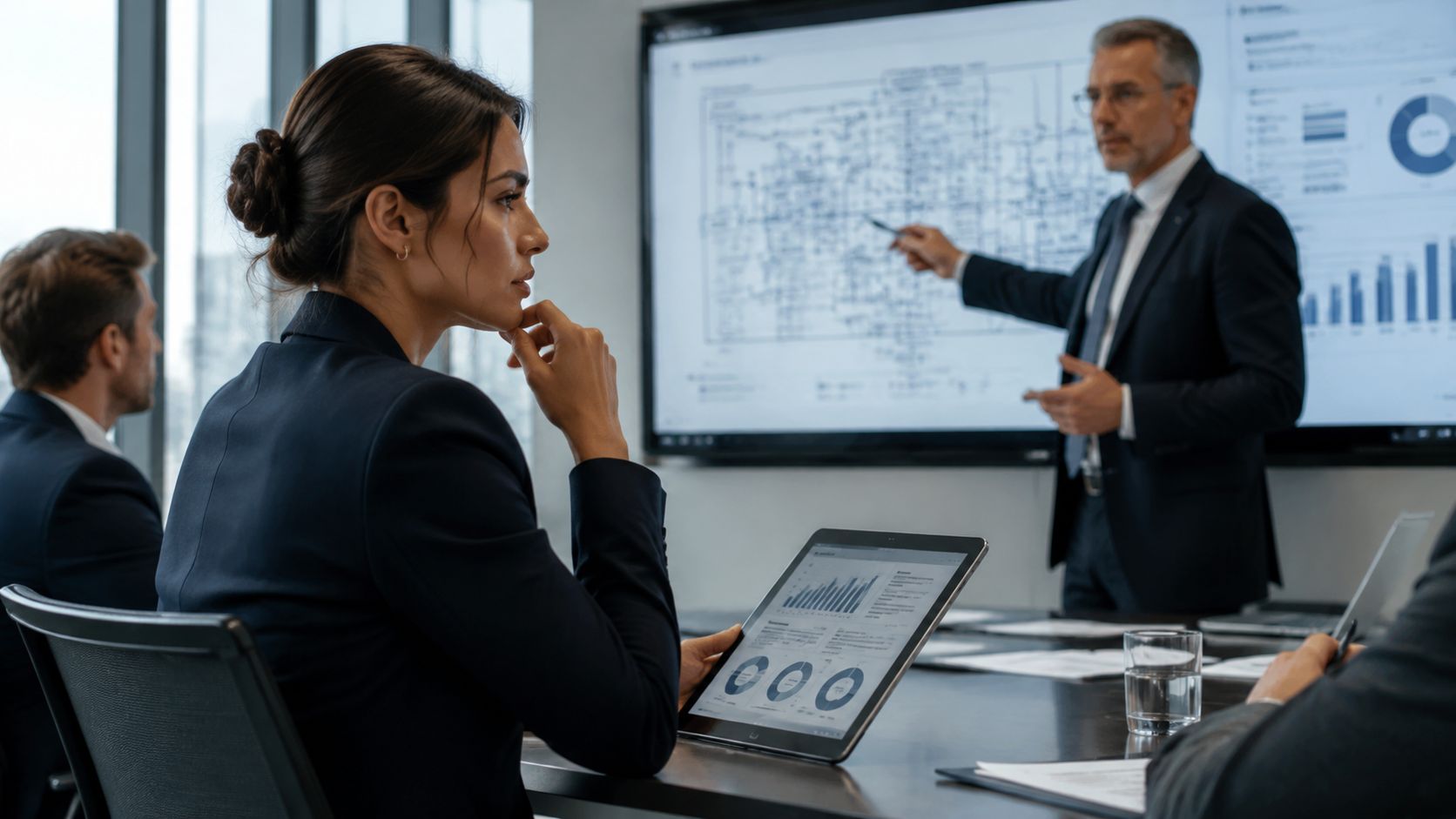 Professional team in a meeting room focusing on a business presentation led by a senior male executive.