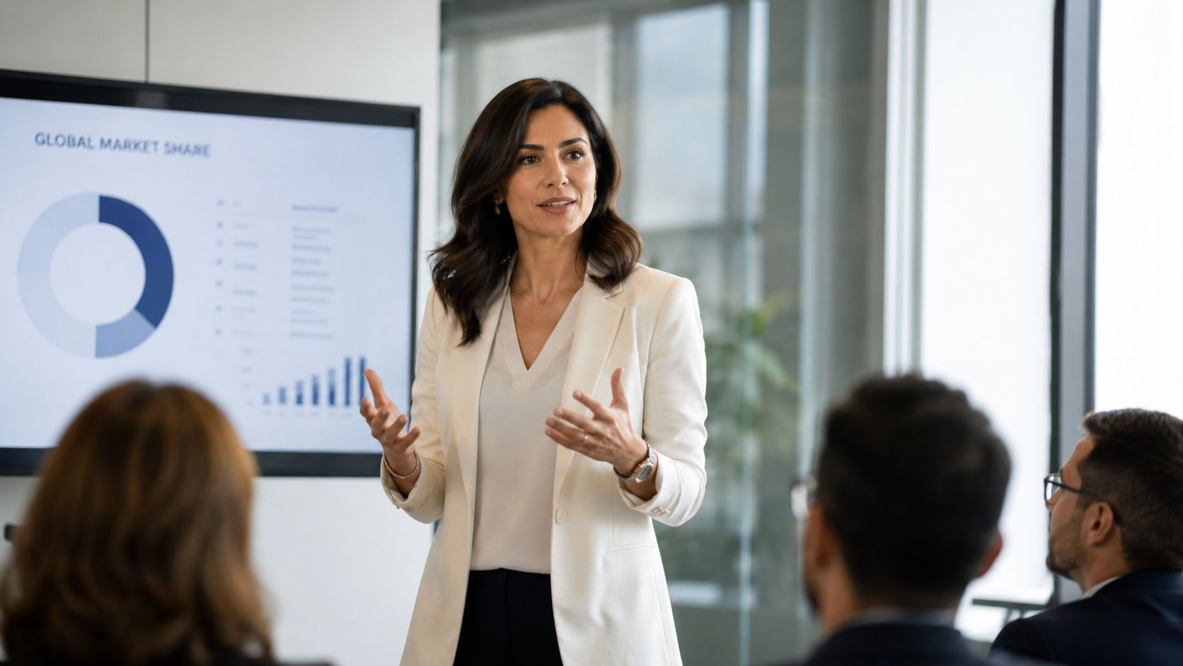 A professional woman in a white blazer presents data to colleagues in a modern office meeting room.