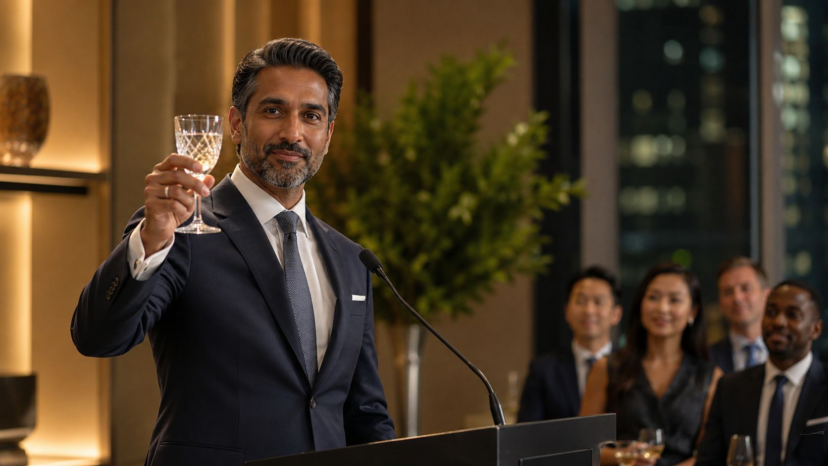A sophisticated businessman in a suit raises a glass for a toast at an upscale corporate event.