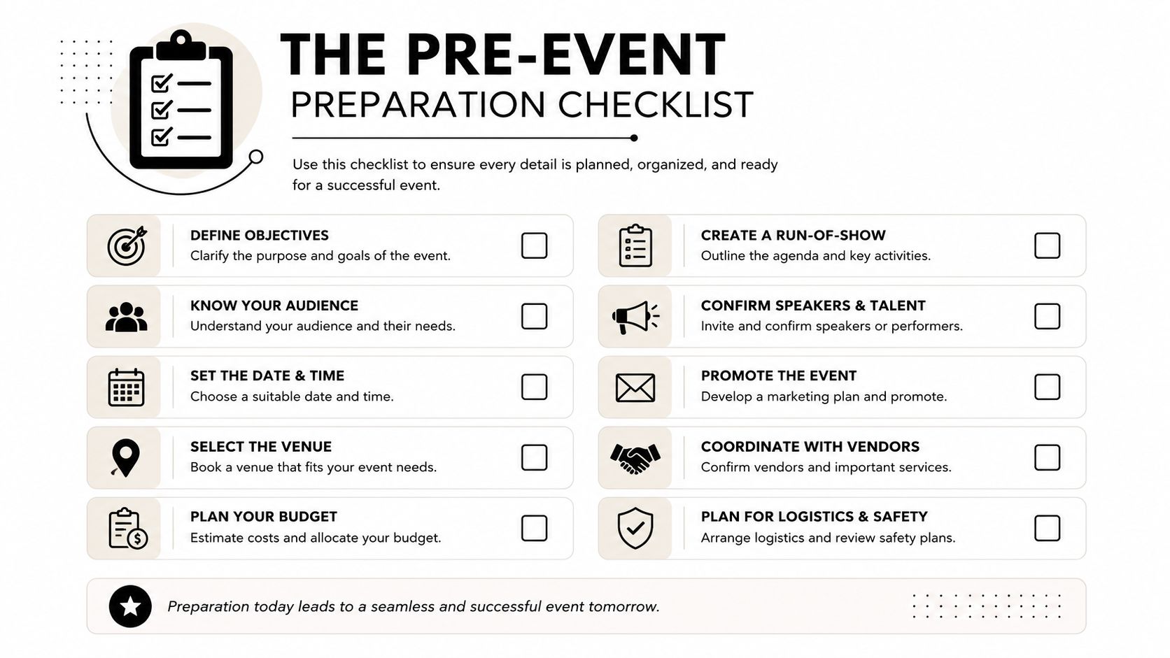 A professional infographic titled The Pre-Event Preparation Checklist with twelve key organizational steps for event planning.