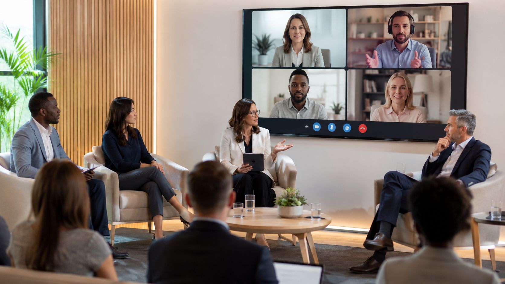 A diverse group of professionals participating in a hybrid panel discussion inside a modern meeting room.