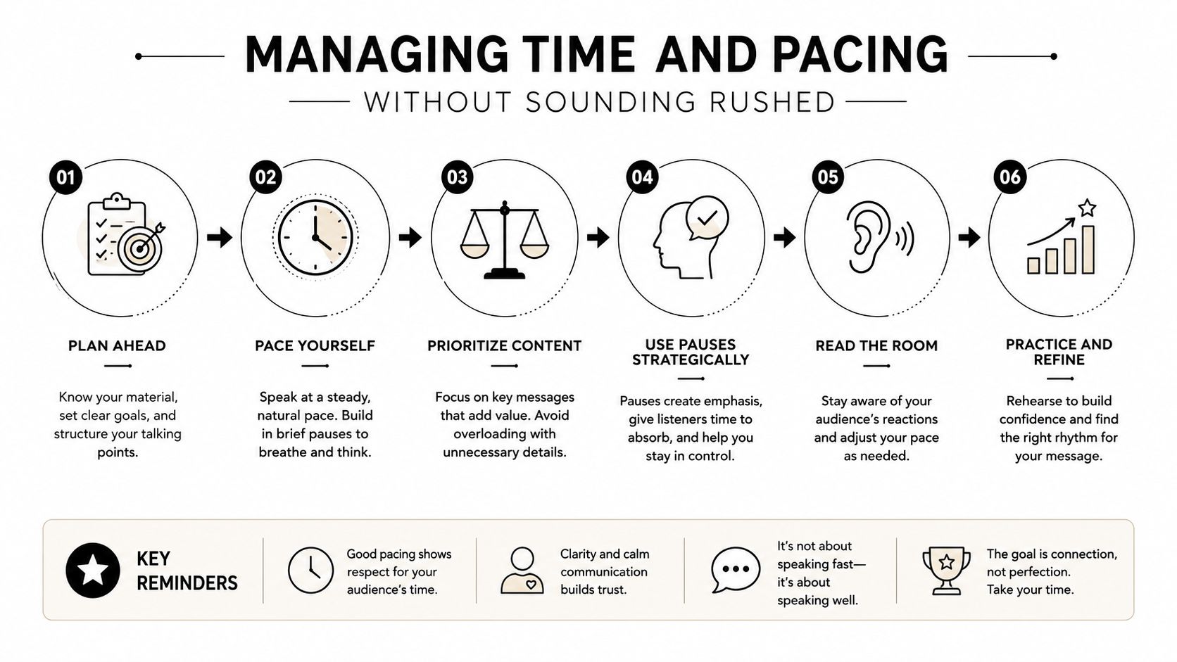 A six-step infographic on managing time and pacing when speaking to avoid sounding rushed.