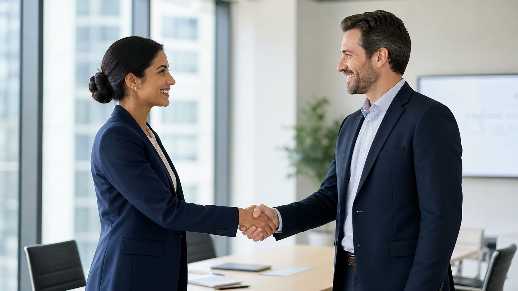 A professional woman and a man in business suits shaking hands during a meeting in an office.