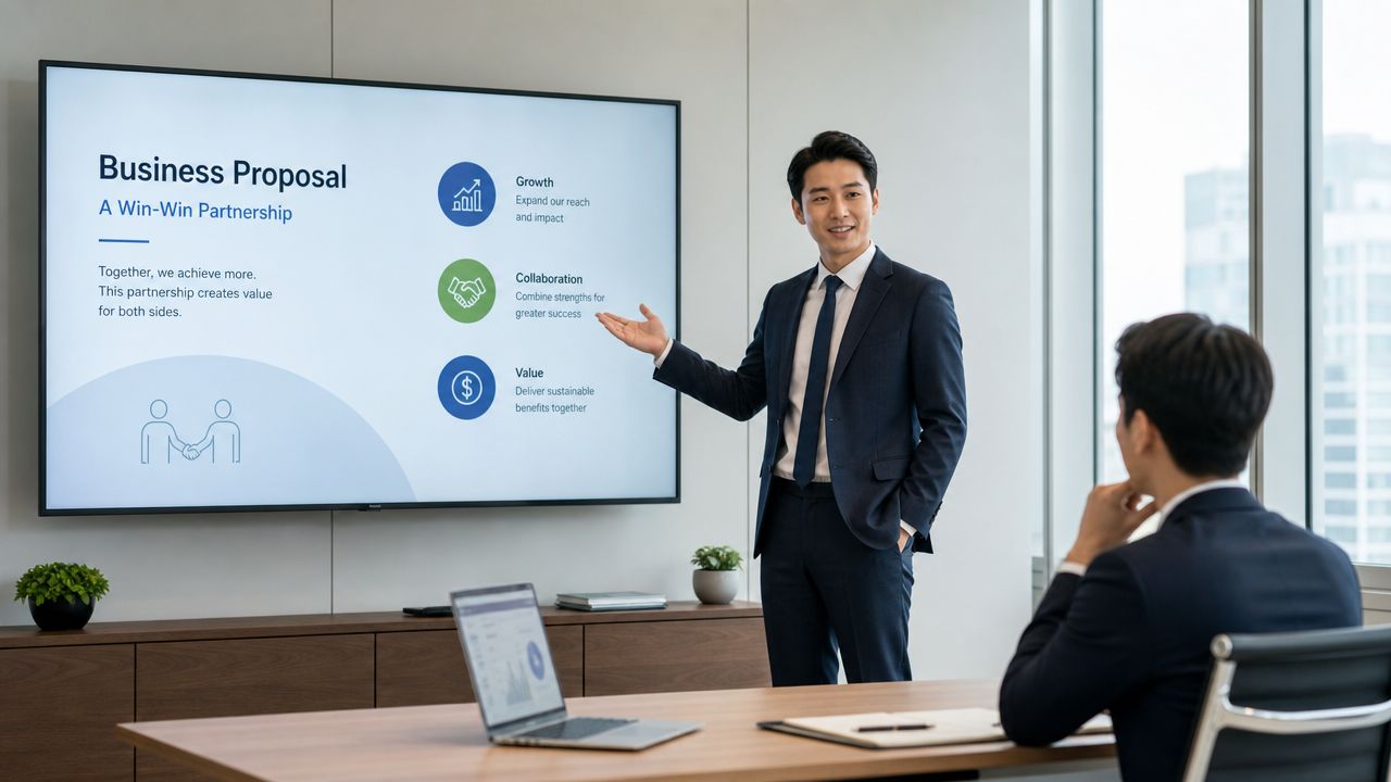 A professional man in a suit presenting a business proposal to a colleague in an office setting.