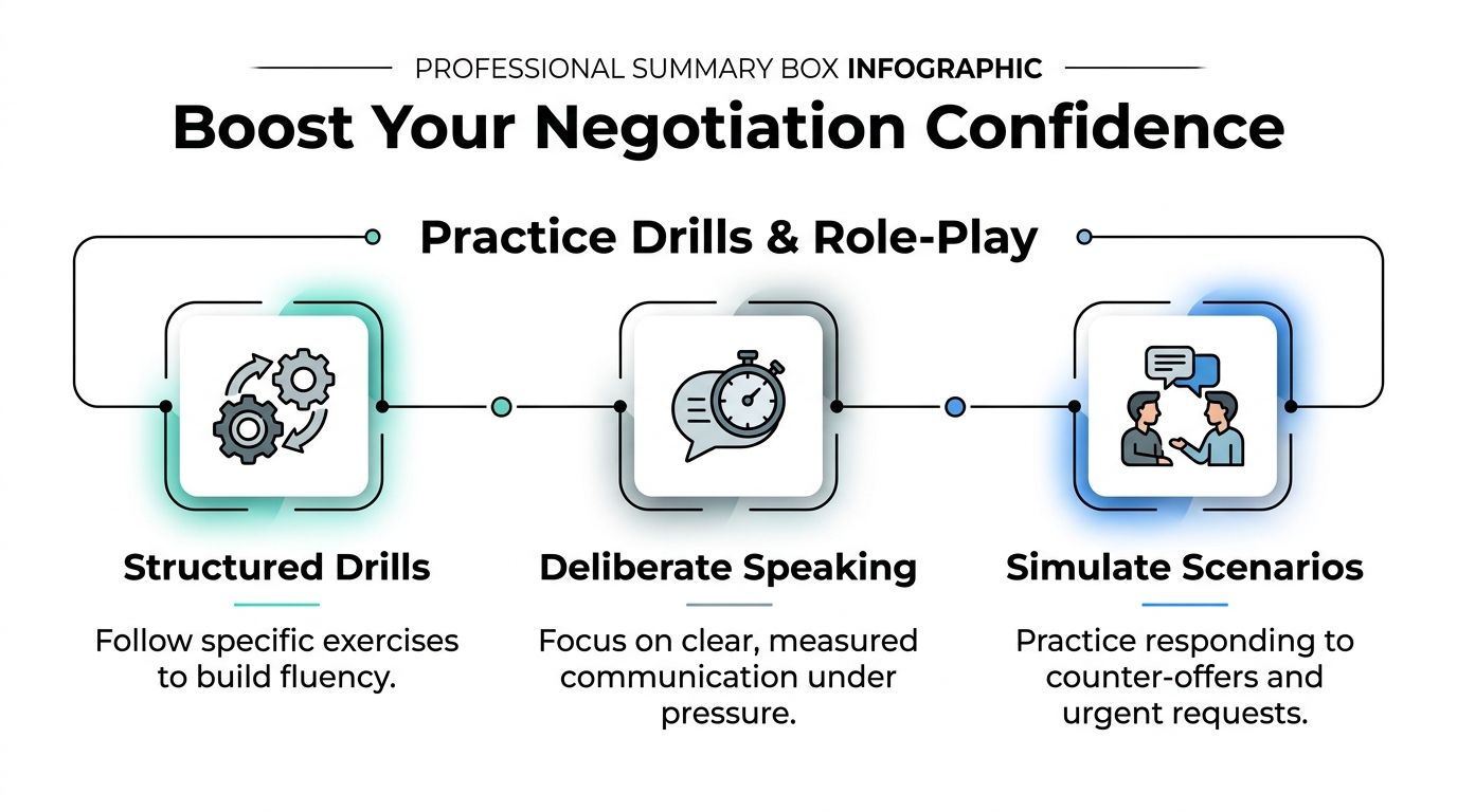An infographic on how to boost negotiation confidence through structured drills, deliberate speaking, and simulated scenarios.