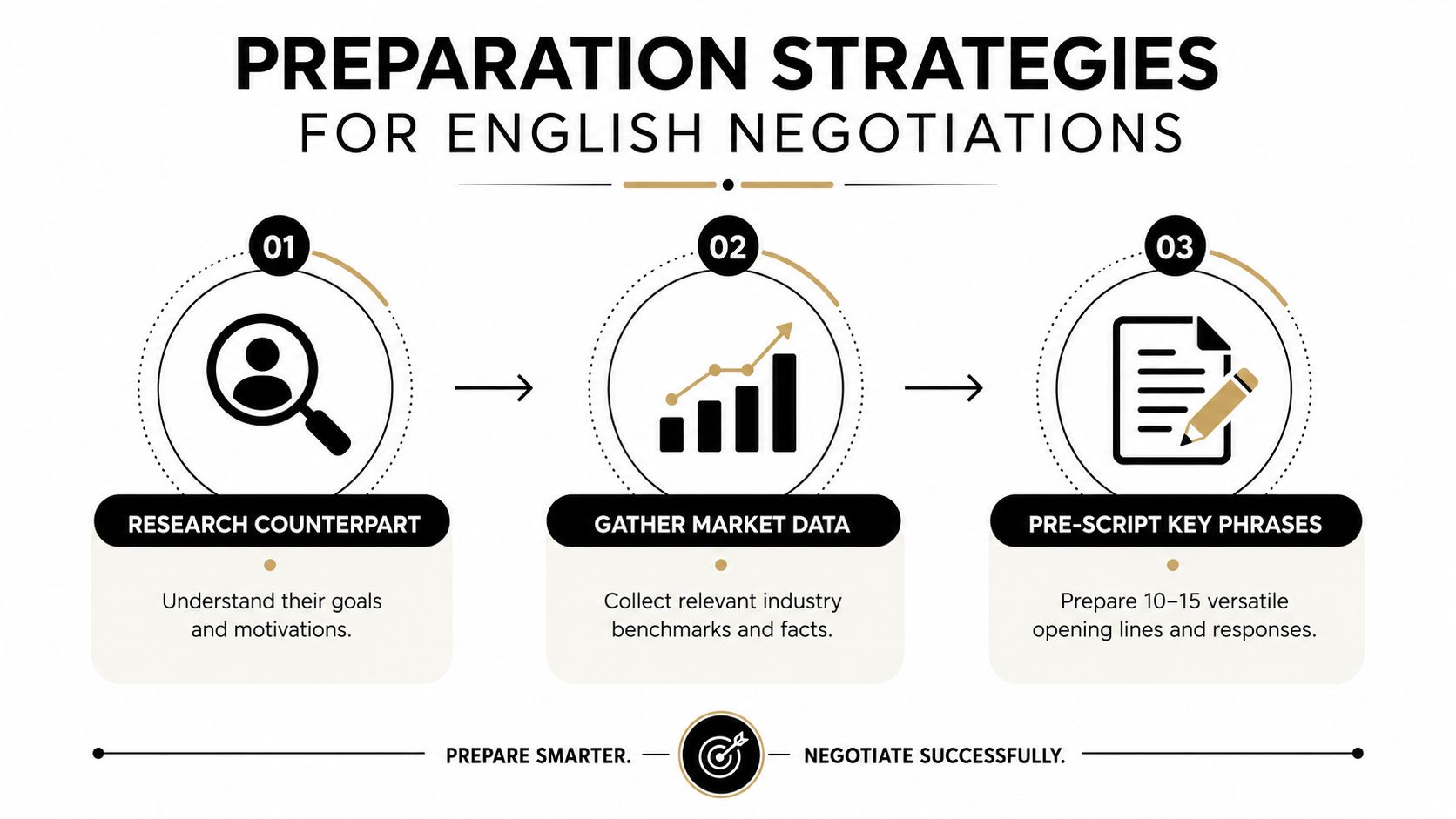 A three-step infographic showing strategies to prepare for business negotiations conducted in English.