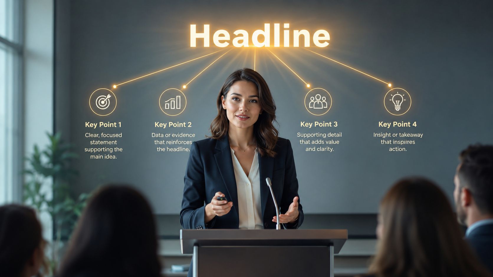 A professional woman presenting a business slide with a headline and four key bullet points.
