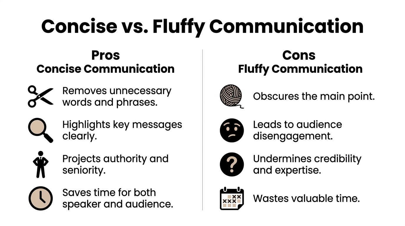 A comparison chart showing the benefits of concise communication versus the drawbacks of fluffy, wordy communication.