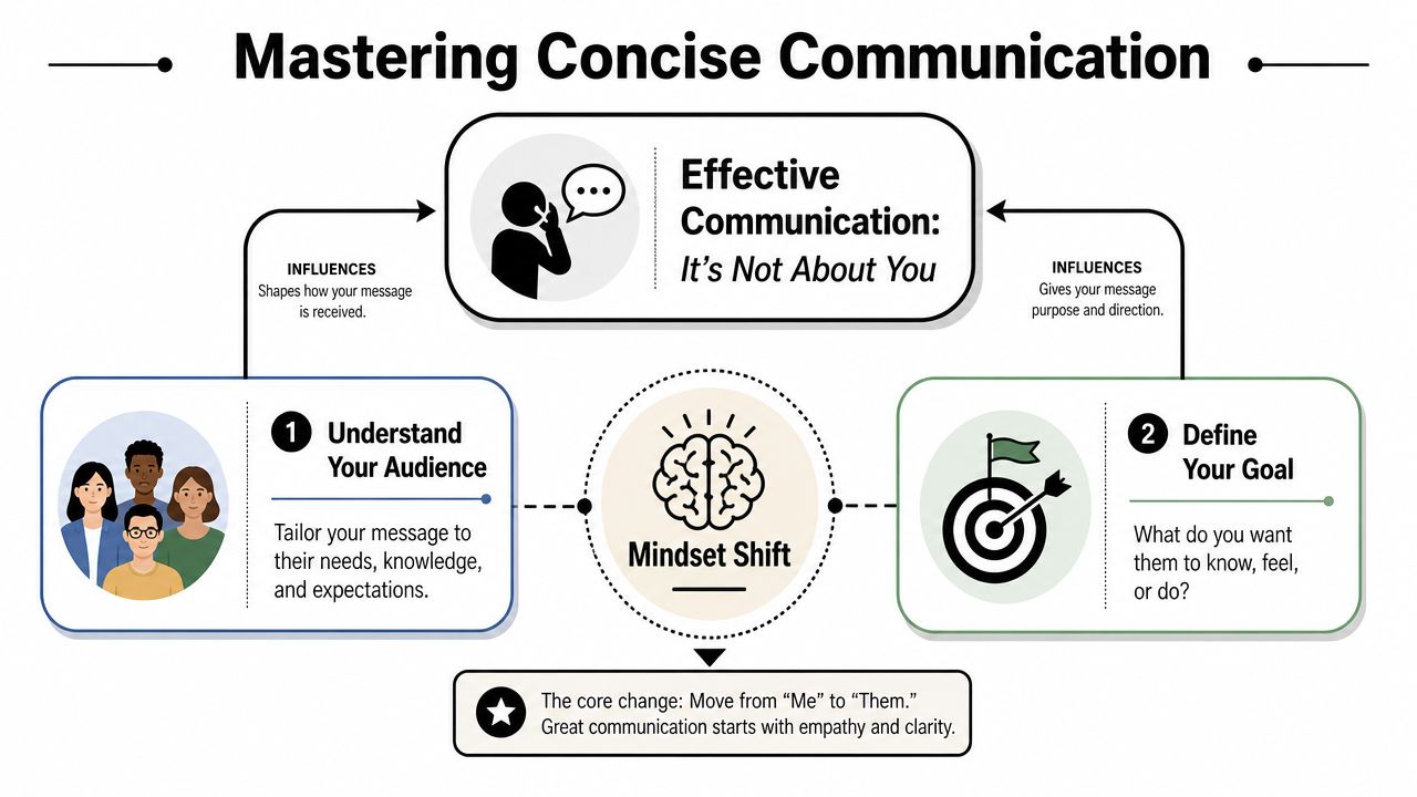 A diagram illustrating mastering concise communication by focusing on audience understanding, goal definition, and a mindset shift.