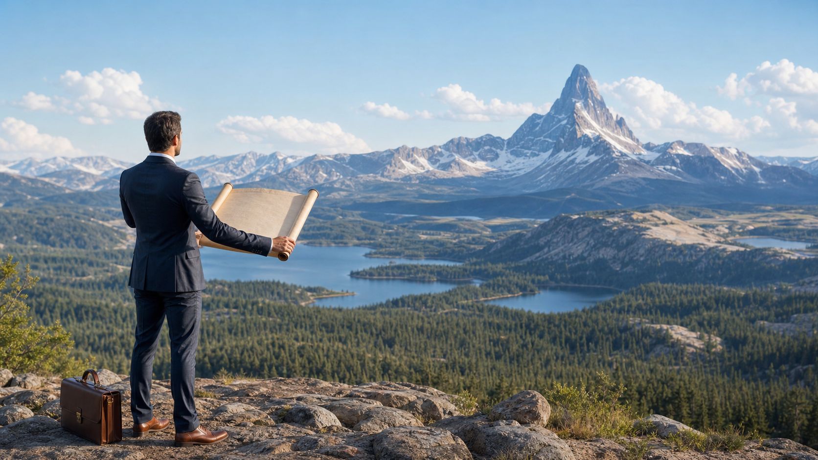 A businessman in a suit stands on a rocky cliff holding a map overlooking mountains.