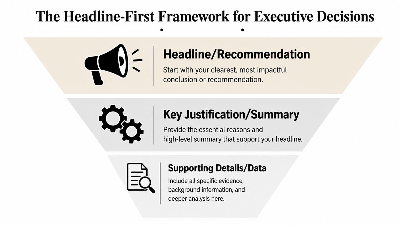 A funnel diagram illustrating the headline-first framework for effective executive decision-making and business presentations.