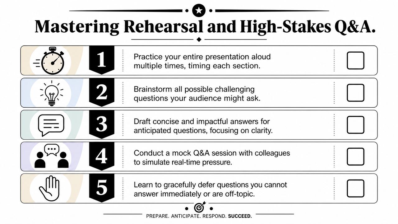 A five-step checklist for mastering presentation rehearsals and handling high-stakes Q&A sessions with professional preparation.
