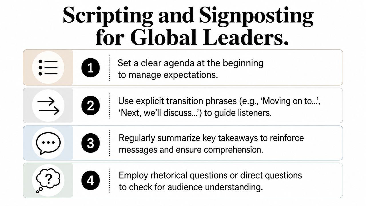 A slide titled Scripting and Signposting for Global Leaders outlining four steps for structured professional communication.