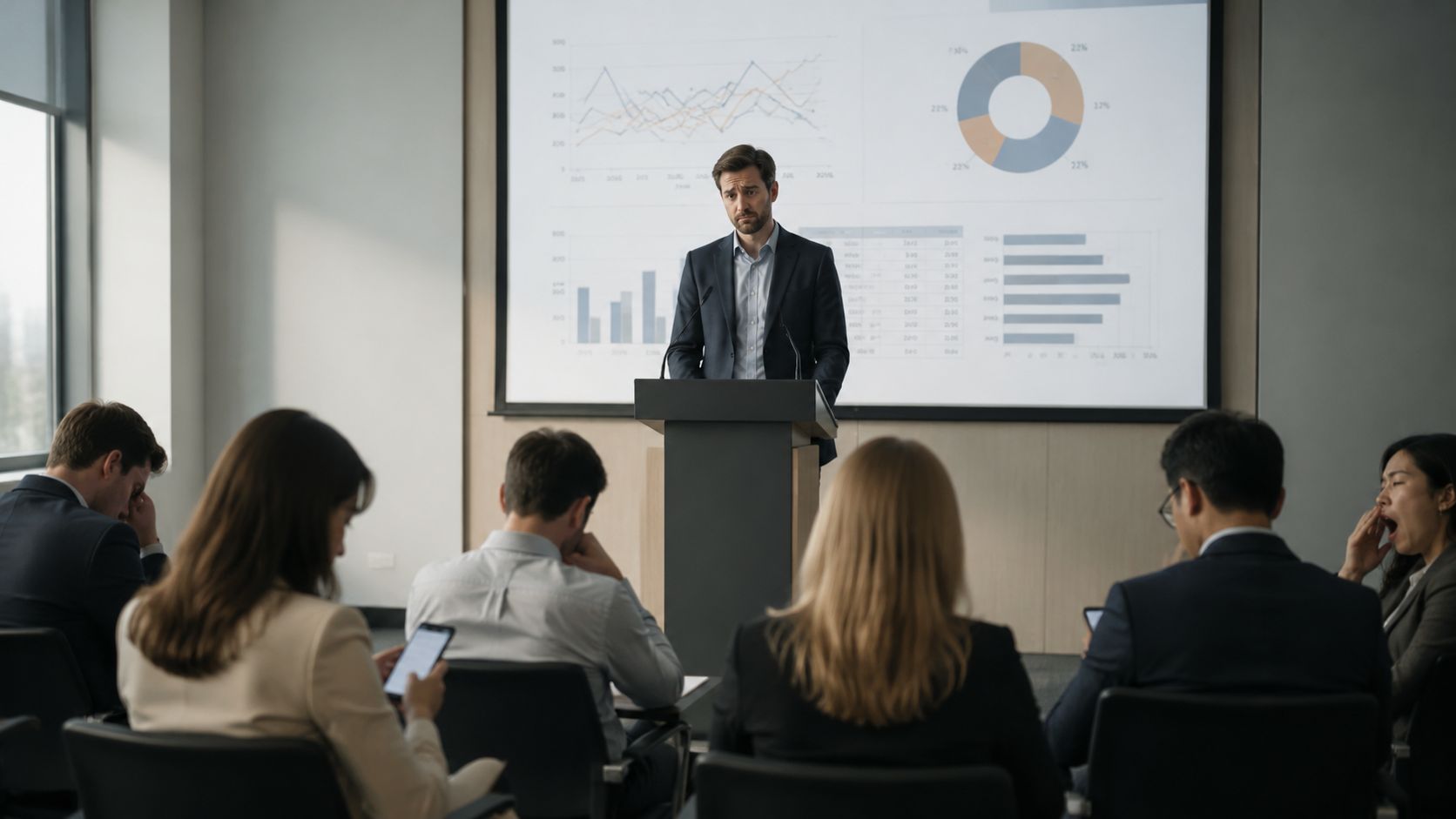 A professional man delivering a presentation to a bored and distracted audience in a conference room.