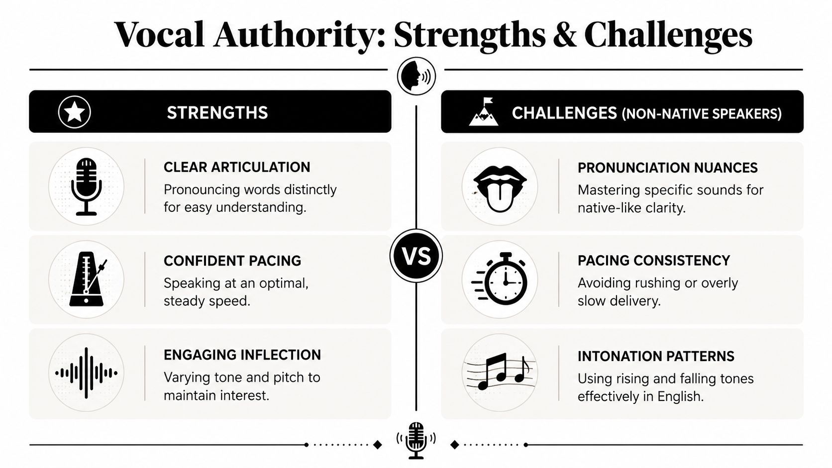 A comparison chart outlining strengths and challenges for developing vocal authority and improving speaking skills.