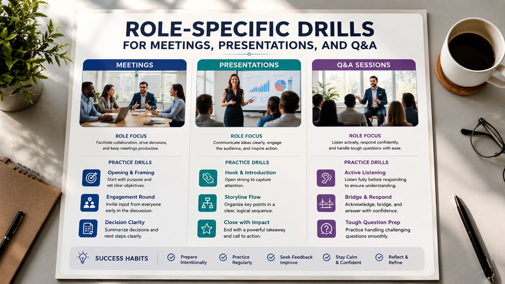 A professional infographic titled Role-Specific Drills for meetings, presentations, and Q&A sessions on a desk.
