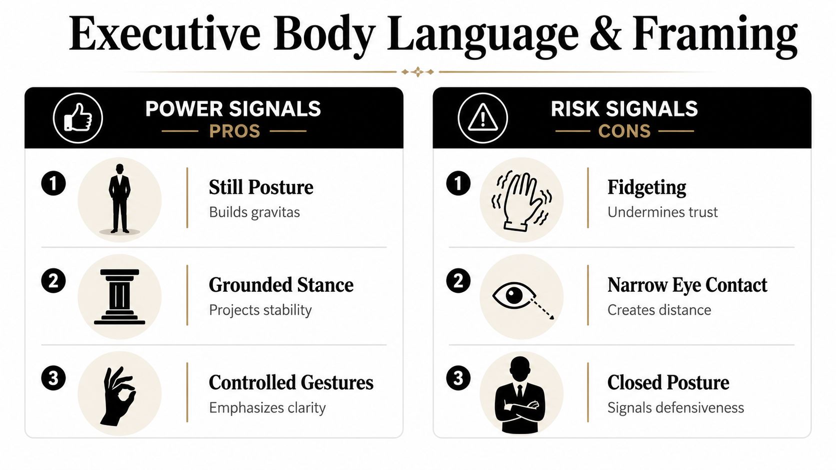 An infographic comparing positive power signals and negative risk signals in executive body language and professional framing.