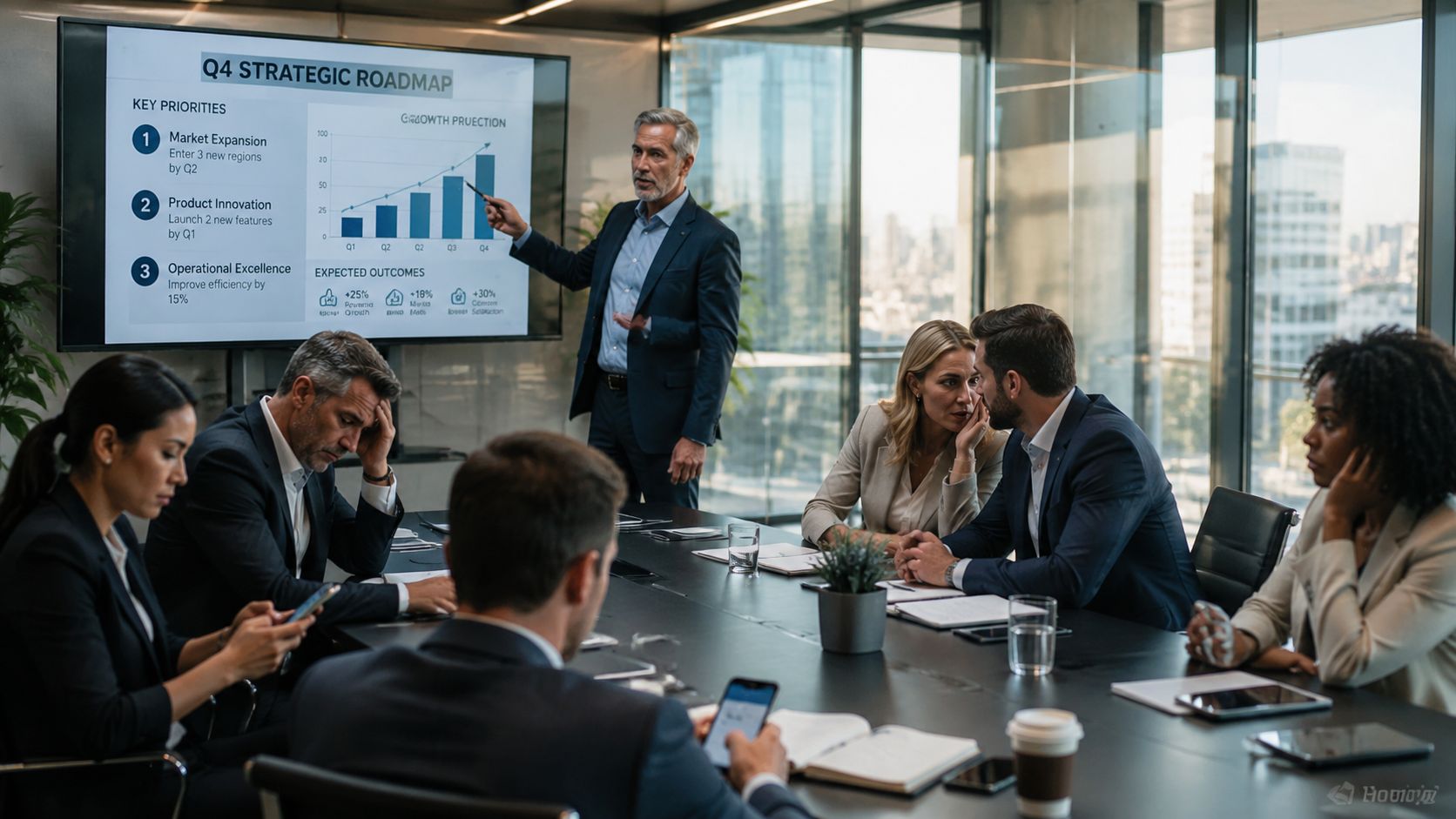 A professional business meeting with a presenter showing a strategic roadmap chart to distracted team members.