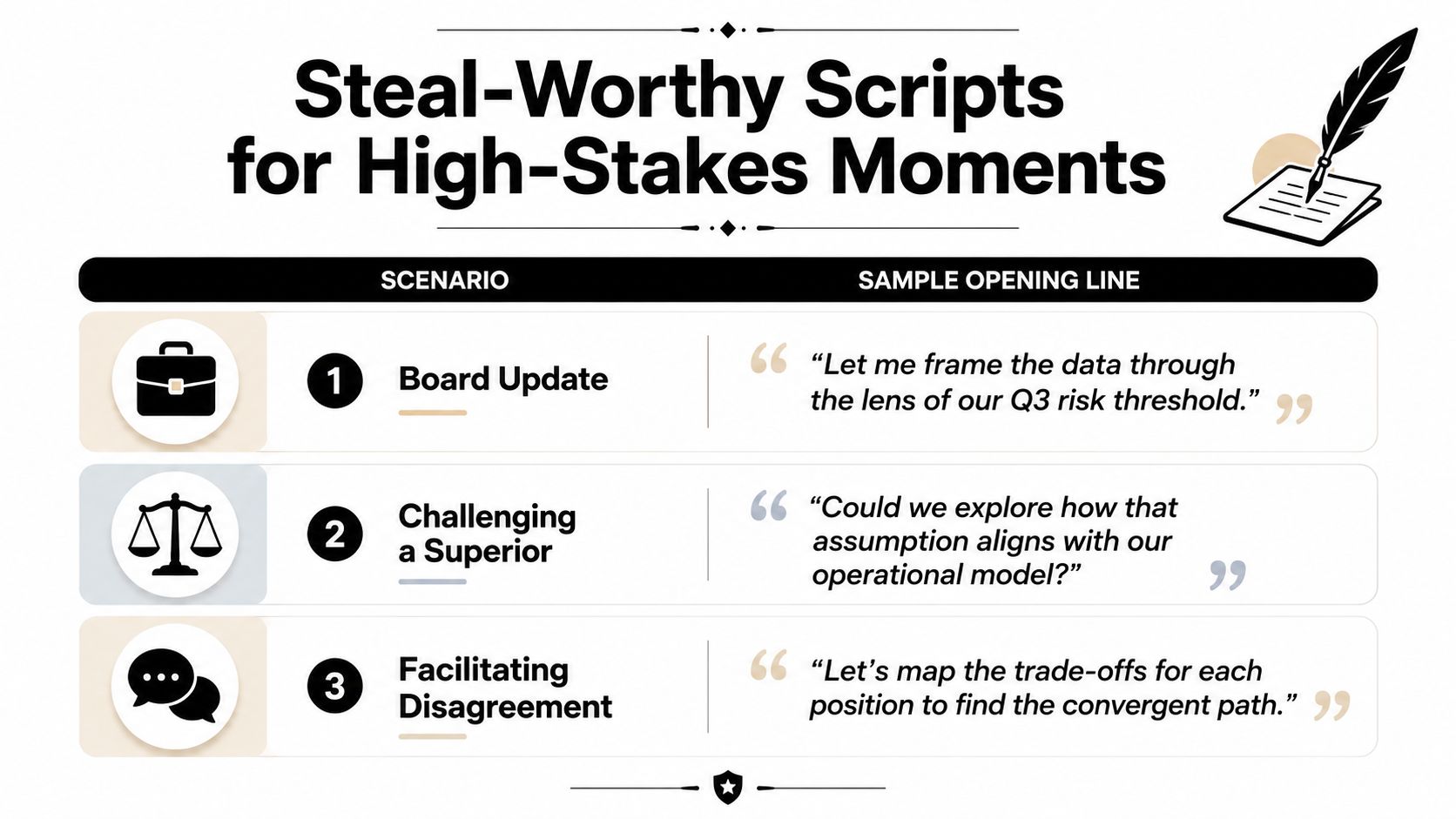 A table showcasing three professional communication scripts for board updates, challenging superiors, and facilitating team disagreement.