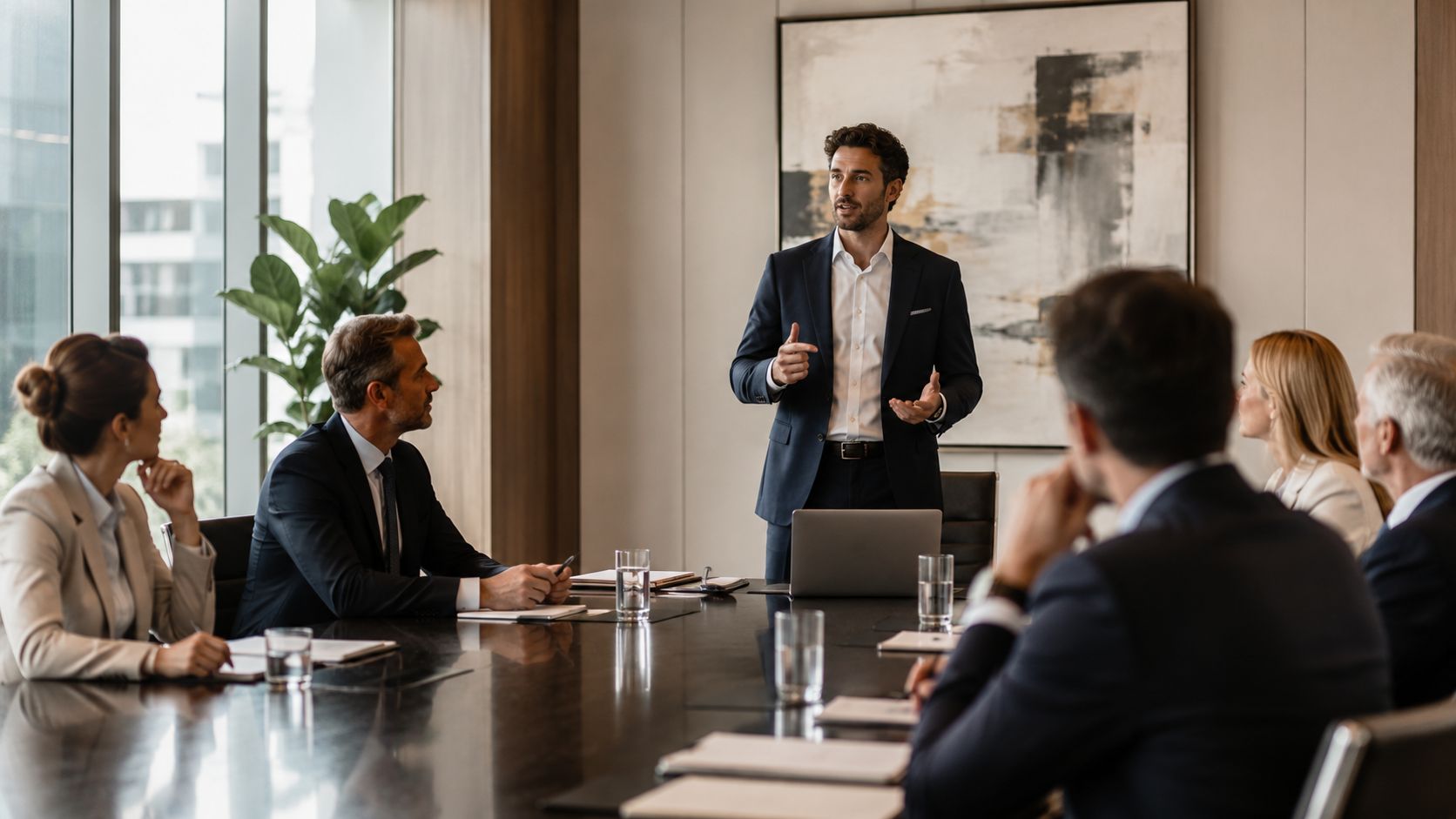 A professional businessman leads a meeting with his team around a large wooden conference table.