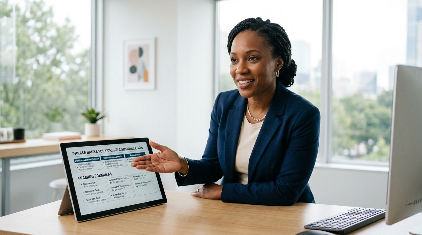 A professional woman presenting business communication strategies on a tablet screen in a bright modern office.